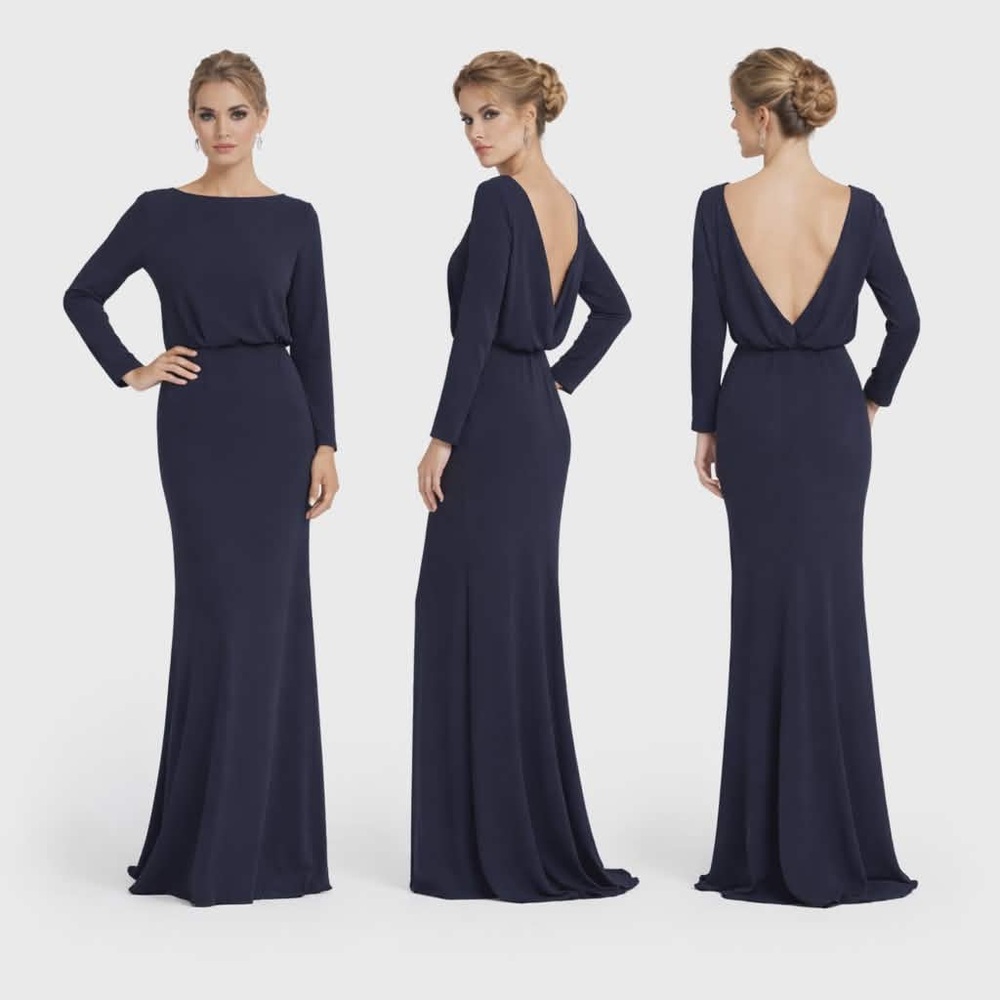 NWT Size 10. 10 Badgley Mischka Navy Minimalistic V-Back Column Gown